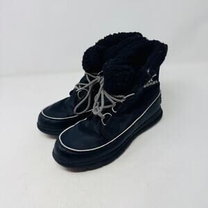 Sorel Black Winter Snow Boots Size 7.5 Lace Up Faux Fur Lined Waterproof